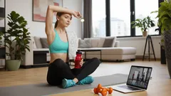 Žena cvičí jógu doma, odpočívá na podložce s lahví vody, notebook a činky poblíž.