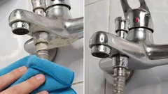 Čištění vodovodní baterie hadříkem, vlevo špinavá, vpravo čistá baterie v koupelně.