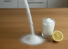 Soda bikarbona, citron a sklenice na dřevěném stole v kuchyni