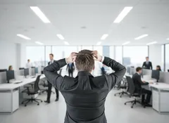 Stresovaný muž v obleku v moderní kanceláři, obchodní prostředí, pracovní tlak