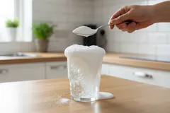 Sklenice s přetékajícím mlékem na kuchyňské lince, ruka drží lžičku.